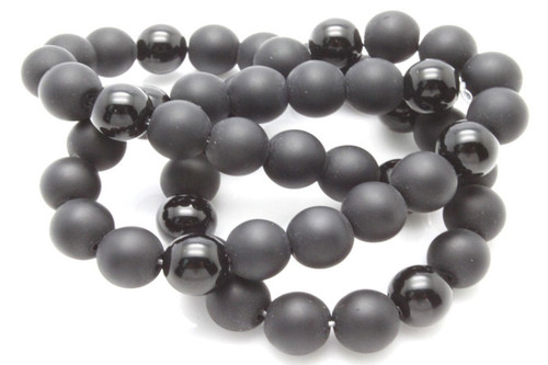 14mm Black Agate Polish & Matte Round Beads 15.5" [14x8]