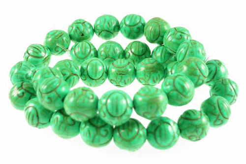 10mm Green Magnesite Craved Round Beads 15.5" [t379g]