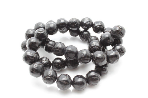 10mm Black Magnesite Craved Round Beads 15.5" [t379k]