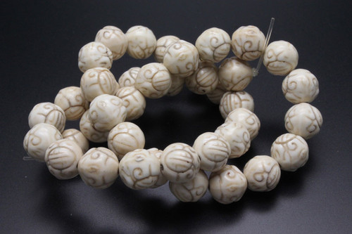 10mm White Magnesite Craved Round Beads 15.5" [t379w]