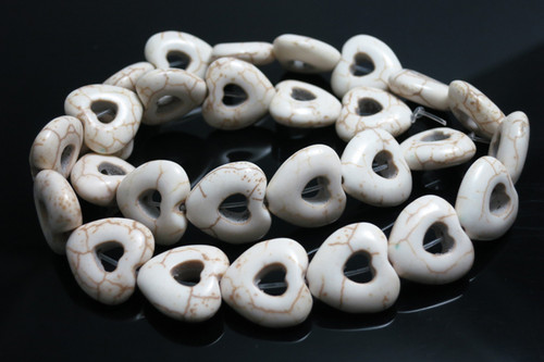 15mm White Magnesite Hollow Heart Beads 15.5" [t408w]