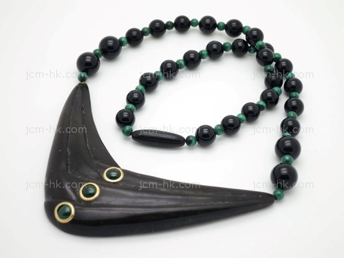 95X35mm Buffalo Horn Necklace 18" With Malachite & 14K 585 Gold Ring [z1878]