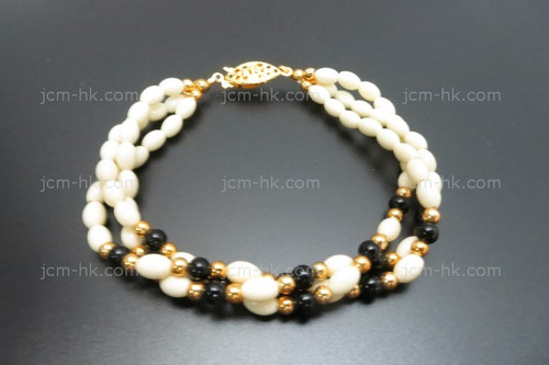 4x6mm 3-Row Buffalo Bone & Onyx Bracelet 7.5" [z5216]