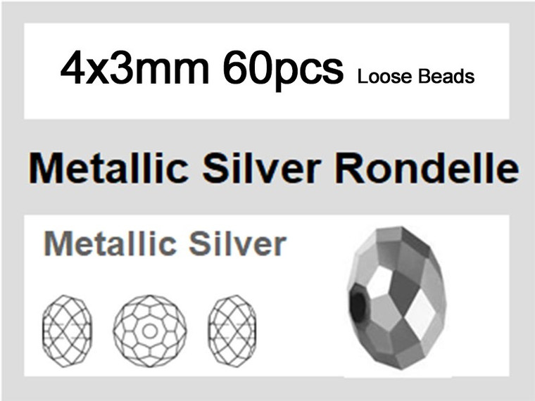 4x3mm Metallic Silver Crystal Faceted Rondelle Loose Beads 60pcs. [iuc1b16]