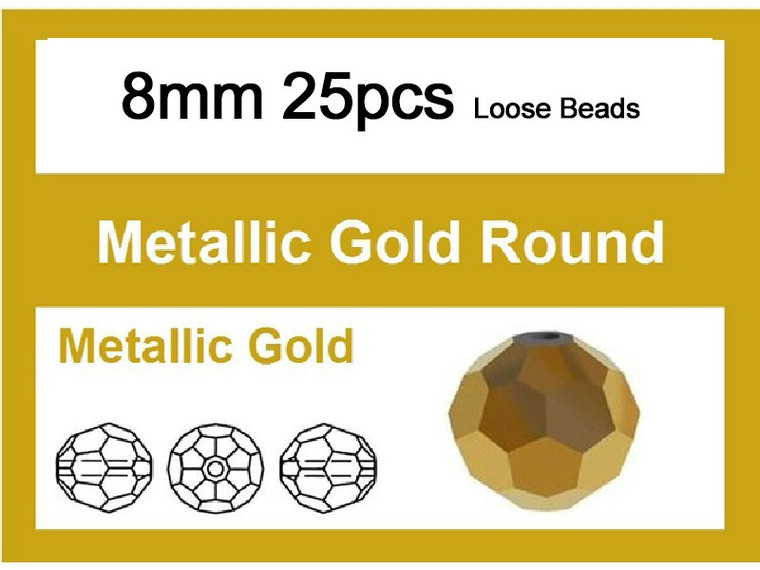 8mm Metallic Gold Crystal Round Loose Beads 25pcs. [iuc8b18]