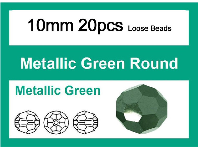 10mm Metallic Green Crystal Faceted Round Loose Beads 20pcs. [iuc9b20]