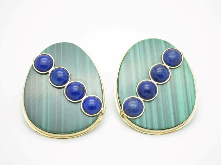 26x32mm Malachite & Lapis Lazuli Earring With 14k 585 Gold Setting [e3231]
