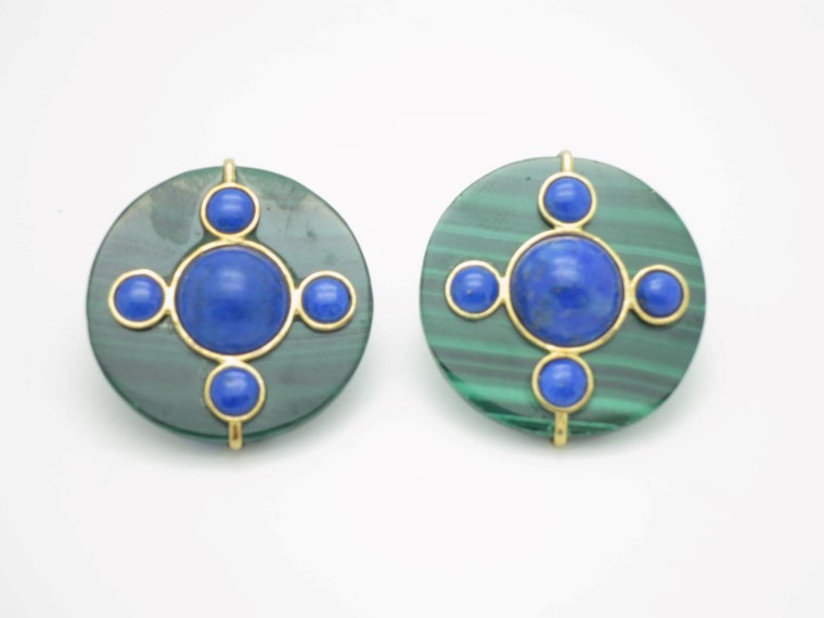 25mm Malachite & Lapis Lazuli Earring With 14k 585 Gold Setting [e3215]
