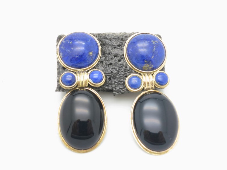 12mm + 12x20mm Lapis Lazuli & Black Onyx Earring With 14k 585 Gold Setting [e3202]