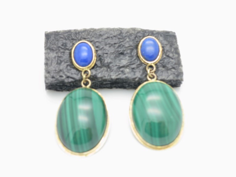 6x8mm + 14x20mm Malachite & Lapis Lazuli Earring With 14k 585 Gold Setting [e3203]