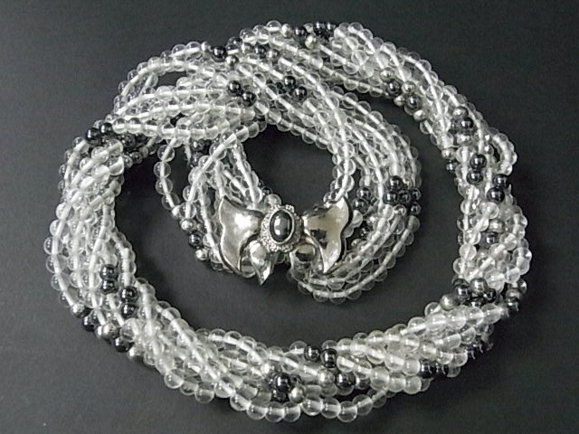 4mm 8-Row Crystal & Hematite Necklace 18", 925 Sterling Silver Clasp [e1547]