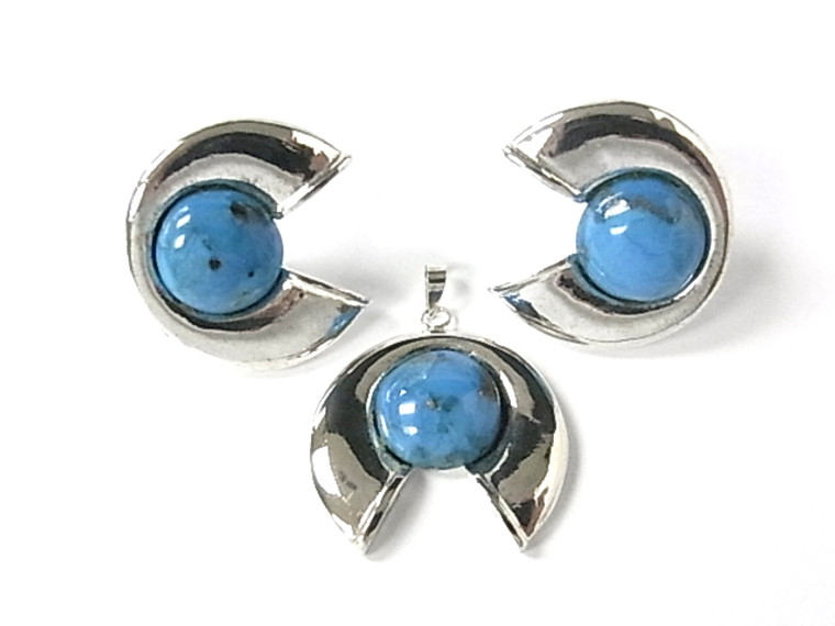 925 Sterling Silver 30mm Natural Arizona Turquoise Pendant & Post Earring [e1159]