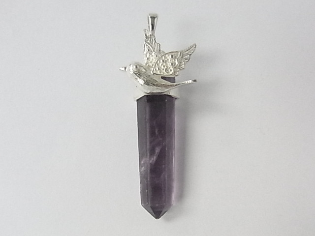 925 Sterling Silver 45mm Dark Amethyst Healing Crystal Point Pendant [e312]