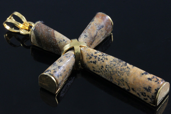 30x50mm Leopard Skin Jasper Cross Pendant Brass Gold Plated Setting [e2332]