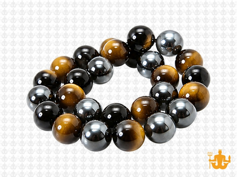 12mm Tiger Eye, Onyx, Hematite Round Beads 15.5", Natural [12x90]
