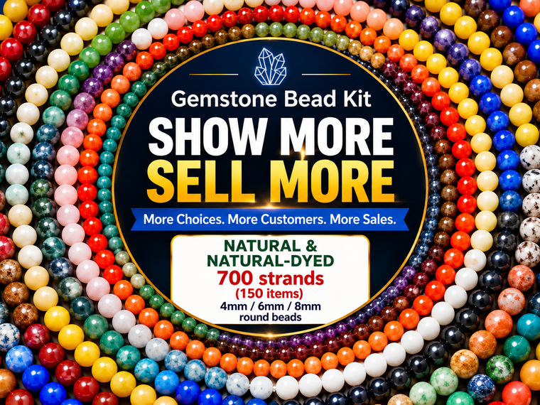 Gemstone Bead Kit 700 strands (5 each). Each Gemstone with a hanging Gemstone ID tag print your company name and packed with pouch bag.