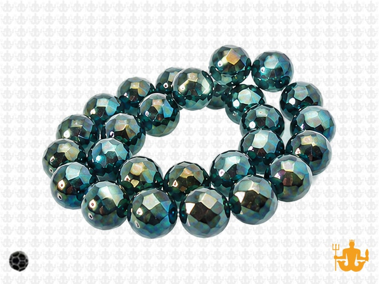 10mm Metallic Green Glass Faceted Round About 35 Beads [uc9b20]