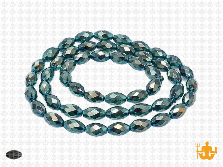 8x12mm Metallic Green Glass Faceted Rice About 35 Bead 15" [uc13b20]