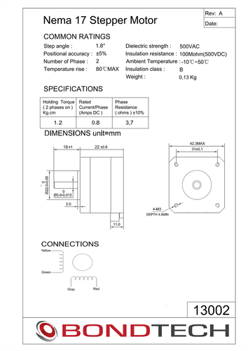 NEMA17 22 mm stepper motor specification sheet.