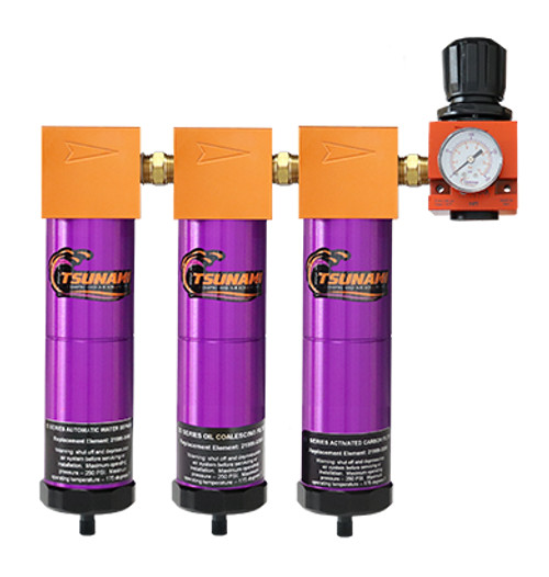21999-0678 Tsunami Filtration pack. #6 water separator, oil coalescing filter, activated carbon filter (3-stage) w/ Regulator and Electric Drain  options