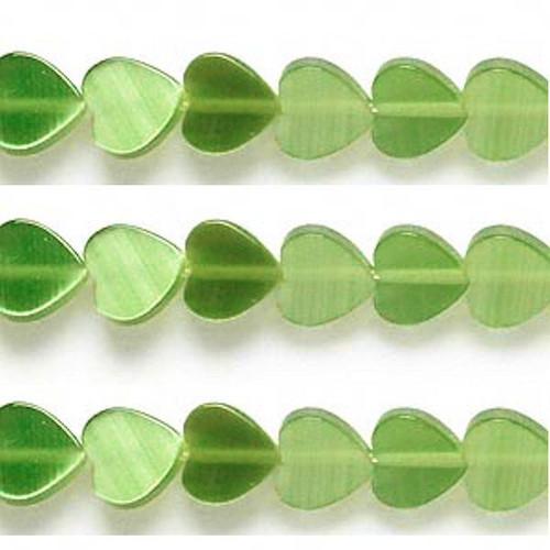 1 Strand(50) Olive Green Cat's Eye Fiber Optic Glass 8x8mm Flat Heart Beads *