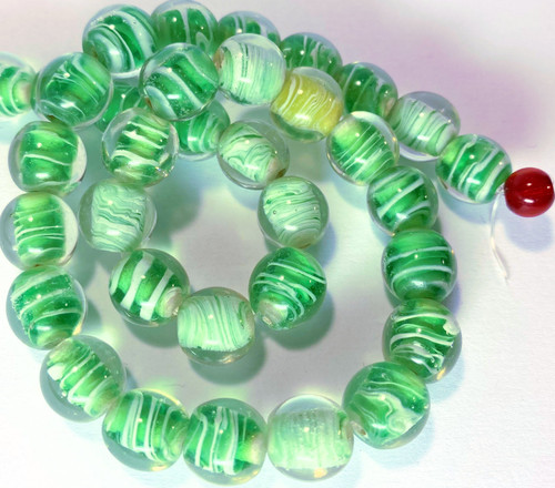1 Strand(34-36) Clear & Green Swirl Lampwork  12-13mm Round Beads  *