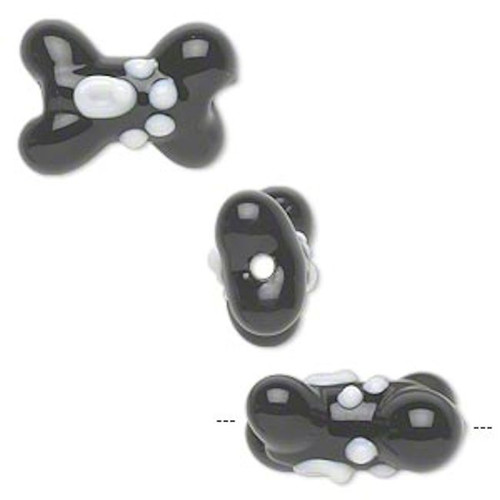 4 Lampwork Glass Black & White Double Sided Dog Bone with Paw Print Beads *