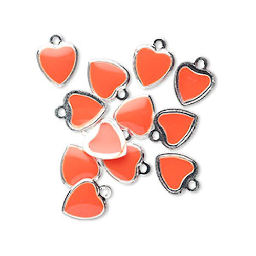 12 Silver Plated & Orange Enamel 9x7mm Heart Charms *