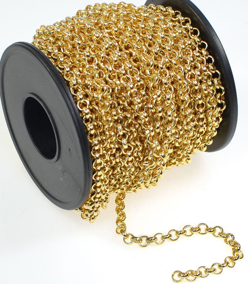 Chain, Bulk Rolo, Gold Plated Brass Bulk Rolo Belcher Chain with 3.9mm Links 32 Foot Spool *