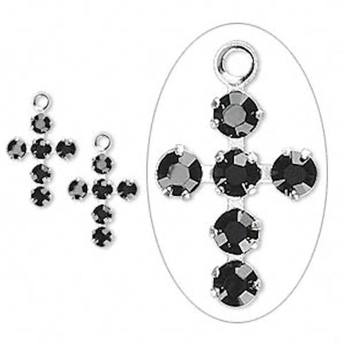 Charm, Cross, 2 Small Sterling Silver 7x5mm Cross Charms Made with Swarovski Jet Black Crystals*