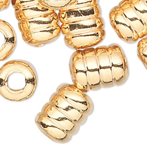 Bead, 100 Gold Plated Brass 5x4mm Ribbed Corrugated Tube Beads with 1.1-1.8mm Hole