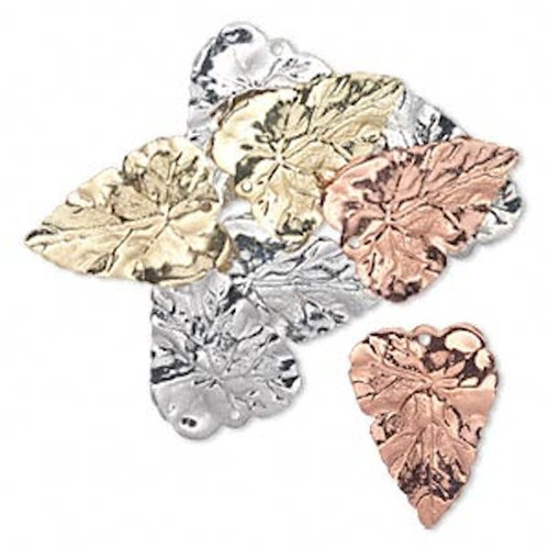 Drop, Leaf Mix, 8 Gold, Copper & Silver Plated Brass 26x20mm Double Sided Charms