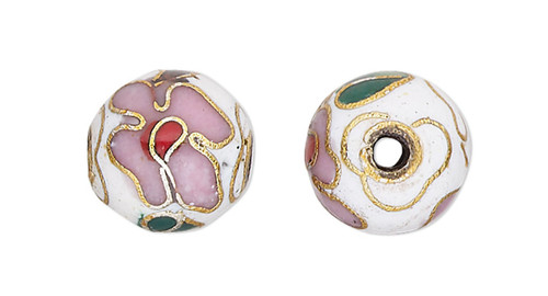 10 Gold Plated Copper  Pink & White Cloisonné 8mm Round Beads with 1.5mm Hole `