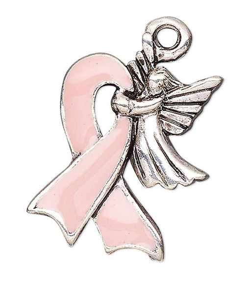 Charm, 1 Antiqued Silver Plated Pink Ribbon with Angel Breast Cancer Awareness Survivor Charm `