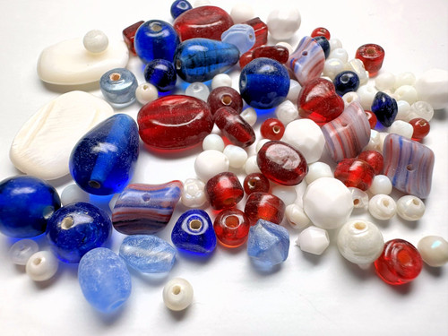 Bead Mix, Glass and Lucite Acrylic  Color Combo Patriotic Mixed Beads 28 Grams(50)  *