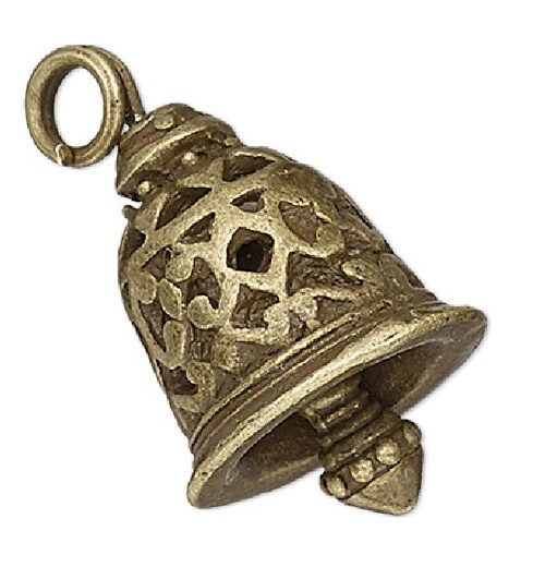 Charm, 4 Antiqued Brass Plated Pewter 16.5x12mm Textured Bell Drop Charms