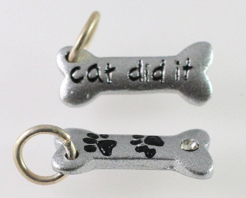 1 Silver Resin 7x18mm Dog Bone with Paw Prints Crystal with "CAT DID IT" Charm *