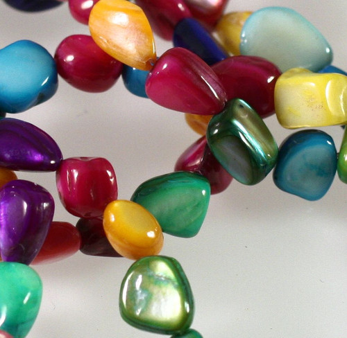 Bead Mix, 36" Strand Assorted Bright Colors Freeform Mother of Pearl MOP Pebble Beads