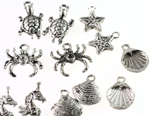 12 Antiqued Silver Plated Pewter 12mm-17mm Seashore Creature Shell Charm Mix *