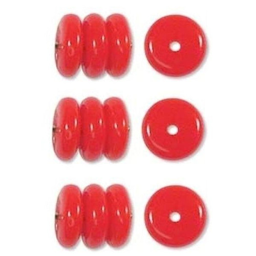 Bead, 50 Czech Pressed Glass Opaque Red 6mm Rondelle Disk Beads with 0.5-1mm Hole