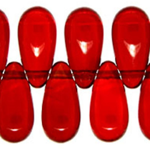 Bead, 50 Czech Pressed Glass Transparent Siam Red 5x10mm Teardrop Beads