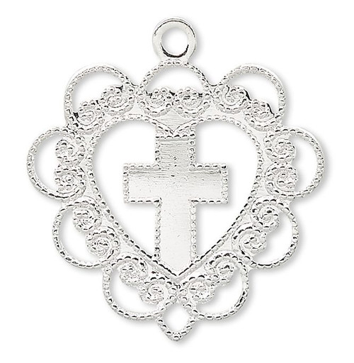 Charm, Cross, 10 Silver Plated Brass 20x19mm Heart with Cross Charms