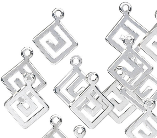 100 Silver Plated Brass 12x12mm Diamond Greek Key Drop Charms `