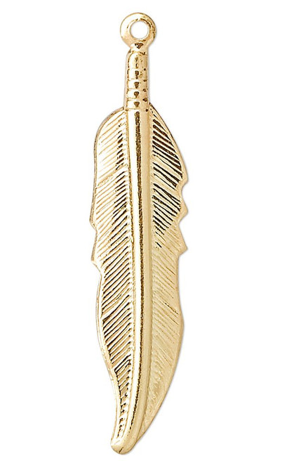 Drop, Charm, 100 Gold Plated Brass Detailed 32x7mm Single Sided Feather Focal Charms