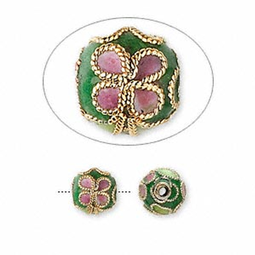 10 Gold plated Green Cloisonne Round Flower 8mm Beads  *