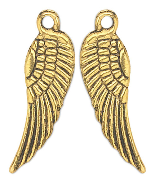 Charm, 50 Antiqued Gold Plated Pewter 15x5mm Double Sided Feather Wing Charms