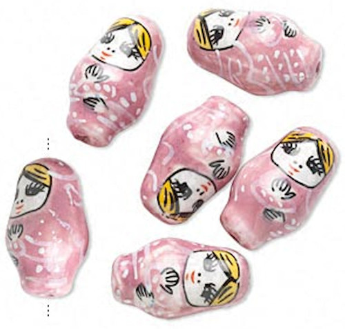 Bead, Porcelain, 6 Hand Painted Pink 26x16mm Russian Nesting Doll Beads *