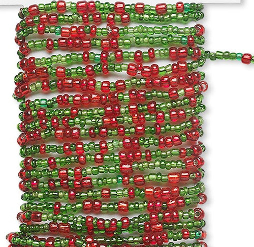 Beaded Wire, 15 Feet Silver Lined Red & Green Pre-Strung Wired Glass Seed Beads *