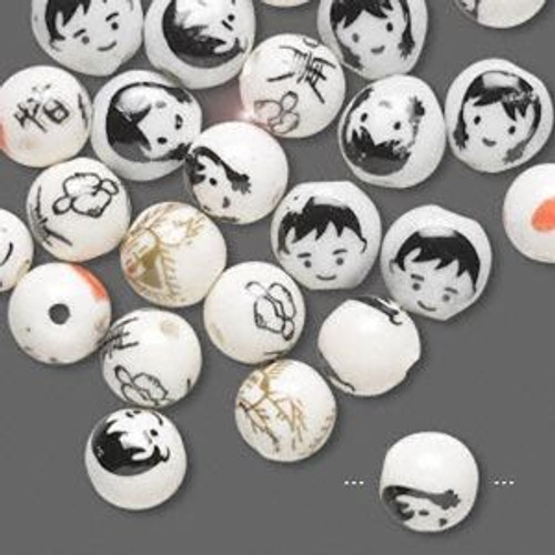 32  White Black Porcelain 11-13mm Round & Flat Coin Bead Mix of Faces & Designs with 2mm Hole *