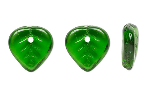 Bead, 50 Czech Pressed Glass Emerald Green Top Drilled 9x8.5mm Leaf Beads with 0.9-1mm Hole